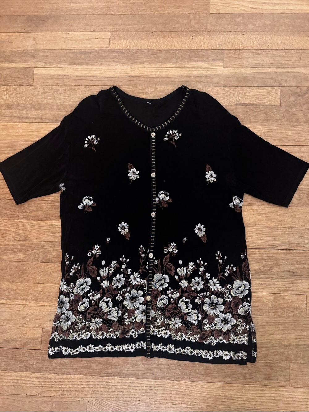 Women's Black Floral Ribbed Cardigan Tunic Blouse Top - Size XL
 b25